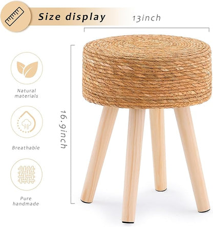 Handwoven Outdoor Ottoman, Water Hyacinth Pouf Round Patio Footstool with Wood Legs, 17-Inch Multipurpose Vanity Stool, Dining Chair, Patio Footrest for Balcony and Garden, Natural