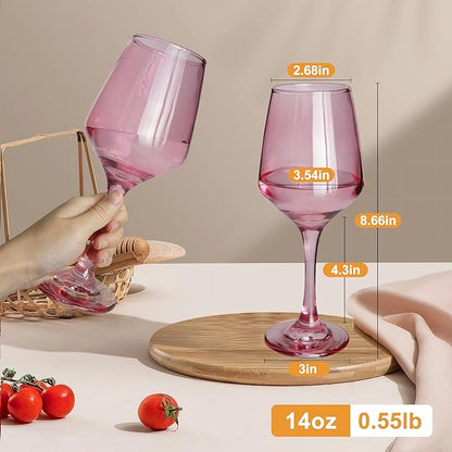 Pink Wine Glasses Set of 6-14oz Pink Long Stem Wine Glass, Pretty Crystal Glassware, Hand Blown Goblets Drinkware, Unique Stemware Wine Glass Holiday Gift Set for Women