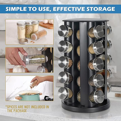 Black Countertop Revolving Spice Rack, Empty 20-Jars Rotating Spice Rack Organizer, Round Carousel Tower, 135 Spice Labels with Funnel Complete Set, for Kitchen Countertop, Cabinet