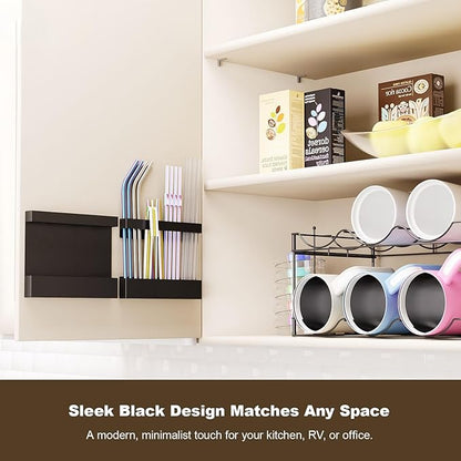 Magnetic & Adhesive Straw Organizer – Carbon Steel Utensil Holder for Reusable Straws, Chopsticks & Stirrers – Wall or Fridge Mount, Space-Saving Black Storage Rack