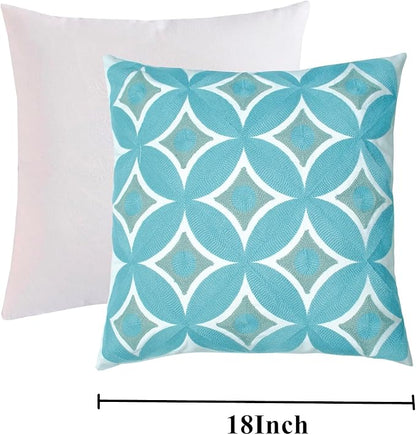 Embroidered Decorative Throw Pillow Cover, 18"x18" Set of 2, Farmhouse Pillowcase Blue Knit Pattern Cotton Canvas Cushion Case Square Floral Pillow Case for Sofa Couch Bed Living Room