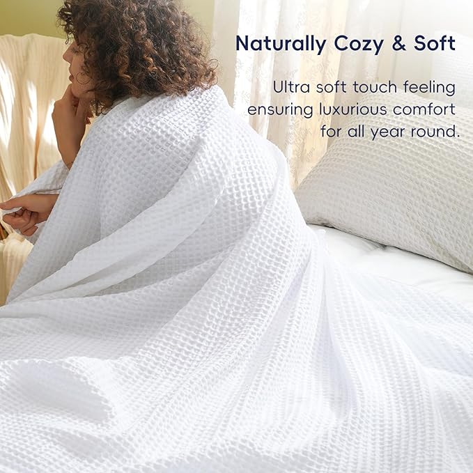 PHF Ultra Soft Waffle Weave Blanket King Size 104"x 90"- Washed Lightweight Breathable Cozy Woven Blanket for Bed - Aesthetic Decor for Couch Bedding Sofa Home Car - White