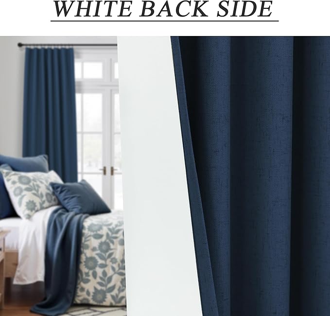 Navy Blue Drapes 96 Inch Long 2 Panels Back Tab Blackout Window Treatment Curtains White Backing for Living Room Darkening Thermal Linen Textured Black Out Curtain Bedroom Modern Farmhouse Dark Indigo