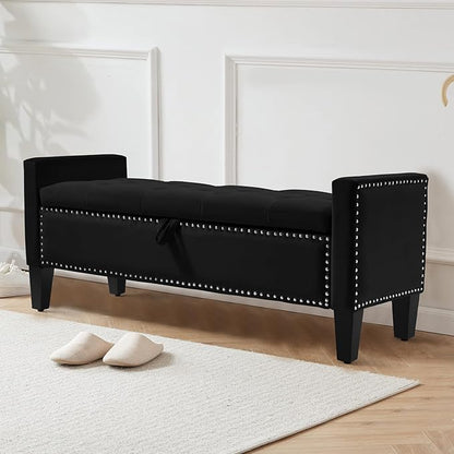 Storage Ottoman Bench, Velvet Upholstered Footstool for Bedroom and Living Room, Tufted Seat with Storage, Wooden Legs & Metal Rivets, Black