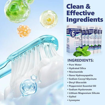 7.5% Nano Hydroxyapatite Toothpaste,6 Pack Fresh Breath Toothpaste for Remineralizing Enamel & Sensitive Relief,Whitening,Antiplaque,Natural Peppermint,Fluoride-Free