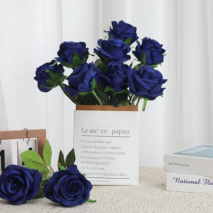 Blue Fake Roses Artificial Flowers - 16 Pcs Fake Artificial Roses Silk Flowers with Stems for Home Wedding Hotel Office Centerpiece Decor（Navy Blue）