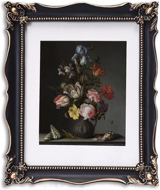 11x14 Vintage Picture Frame with Embossed Flower Design, Black Ornate Frame for 11x14 or 8x10 Pictures with White Mat, Home Decor (Black, 8x10)