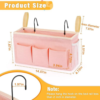 Bedside Organizer with Fixed Straps and Water Bottle Holder for Home, College, Dorm, Bunk, Hospital, Crib, Bed Rails - Pink