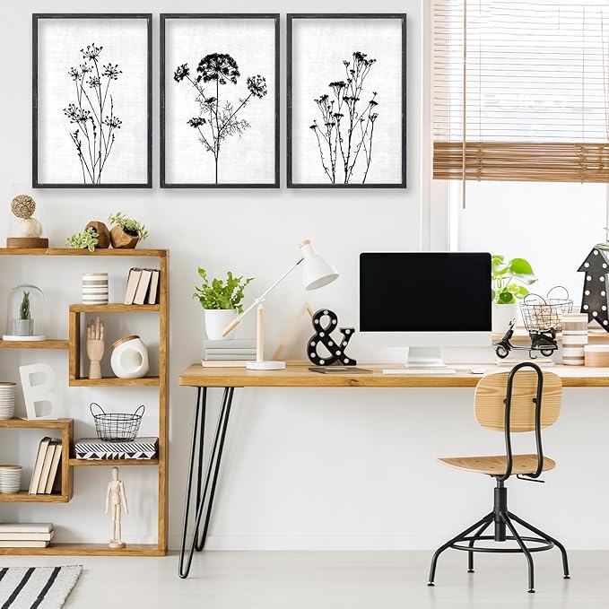 Flower Plant Wall Art Decor 16"x11" Set of 3 Black And White Botanical Painting Wood Framed For Minimalist Bedroom Office Rustic Living Room Abstract Wildflower Sign Hanging (Black)