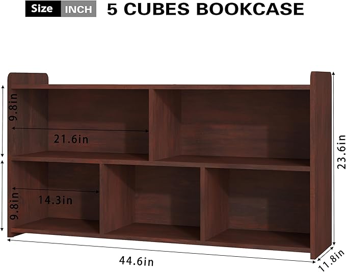 Book Shelf, 5 Cubes Storage Organizer, Open Shelf Wooden Bookcase, Freestanding Cherry Bookshelf Cube Shelf for Bedroom, Living Room, Home Office