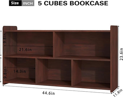 Book Shelf Set of 2, 5 Cubes Storage Organizer, Open Shelf Wooden Bookcase, Freestanding Cherry Bookshelf Cube Shelf for Bedroom, Living Room, Home Office