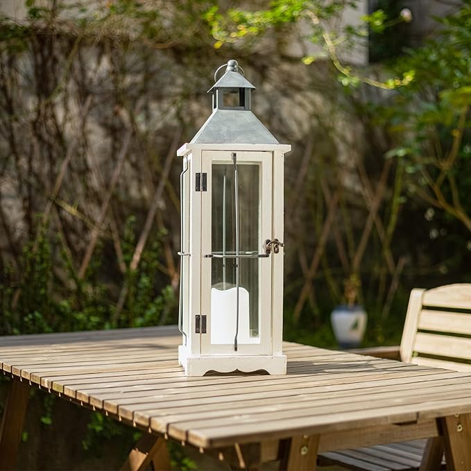 Bdor 26in Farmhouse White IP65 Waterproof Wood Metal Decorative Lanterns with Remote Control, Timer, Tempered Glass, Flameless Pillar Candles, Decorative Lanterns for Home Decor, Front Porch, Wedding