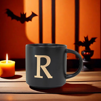 COLLECTIVE HOME - Monogram Ceramic Mugs, 15 oz Golden Initial Black Coffee Cups, Elegant Alphabet Tea Mugs, Elegant Personalized Mug with Gift Box, Unique Mug with Double Side Capital Lette (R)