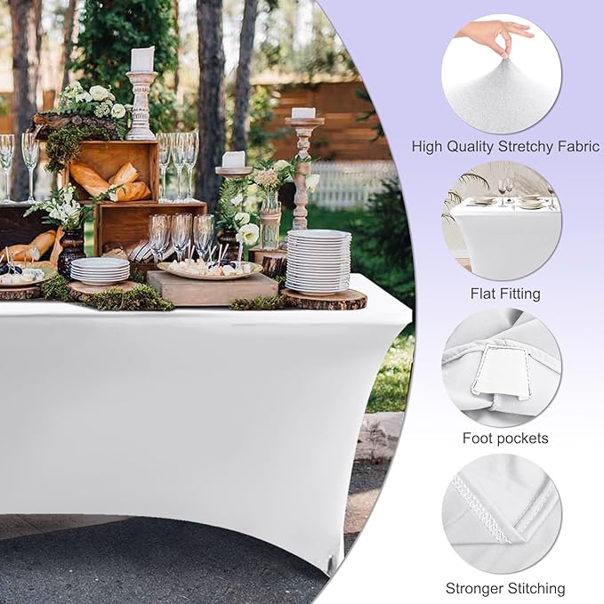 ABCCANOPY 6 FT White Spandex Table Cover Stretch Fitted Wrinkle Resistant Tablecloth Reuse for Rectangular Folding Table Patry Event Wedding Banquet Protector