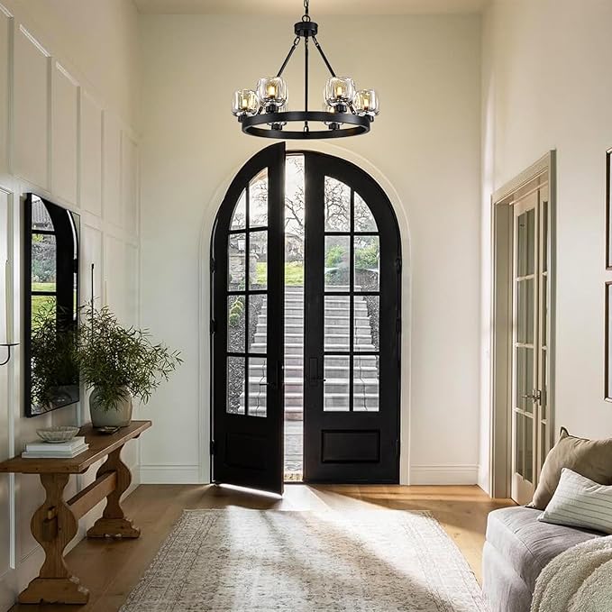 Black Wagon Wheel Chandelier, 24 Inch Black Chandeliers with Unique Glass Shade, 6-Light Crystal Farmhouse Wagon Wheel Chandeliers for Dining Room, Round Chandelier for Living Room, Foyer, Entryway