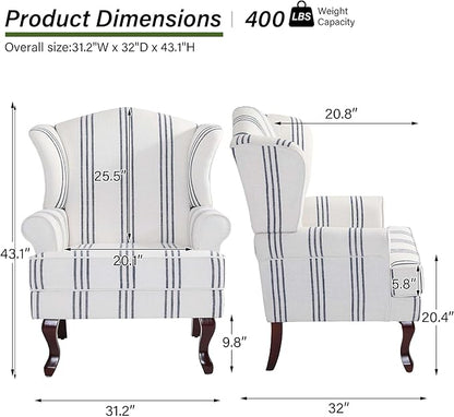 Accent Chair, High Back Upholstered Armchair with High Resilience Sponge & Wood Legs, Mid-Century Modern Comfy Single Sofa Reading Chairs for Living Room, Bedroom (Stripe Navy, Set of 1)