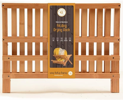 BAMBUSI Dish Drying Rack - Collapsible 2-Tier Bamboo Dish Rack for Kitchen Counter, Wooden Dish Drainer with Foldable Space-Saving Design - Drying Rack for Dishes, Plates, and Cups - Housewarming Gift