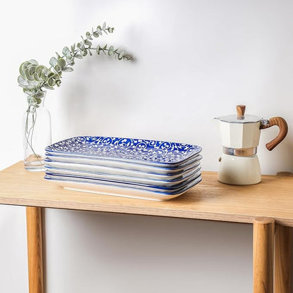 Selamica Ceramic Serving Platters, 12 Inch Serving Trays for Party Entertaining, Large Rectangular Serving Plates for Food, Set of 6, Vintage Blue