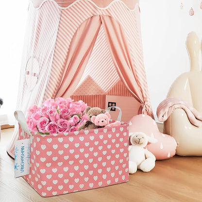LANGYASHAN Rectangular Storage Bin Collapse Canvas Fabric Cartoon Storage Basket with Handles for Organizing Home Kitchen Boys and Girls Toys Office Closet Shelf Baskets (Rec pink heart)