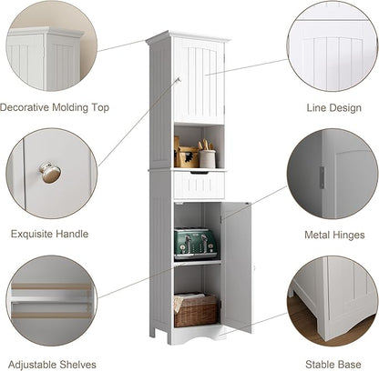 ChooChoo 67" Tall Bathroom Storage Cabinet Freestanding with Adjustable Shelves, Narrow Storage Linen Cabinet with 2 Doors and 1 Drawers for Bathroom, Living Room, Kitchen, White