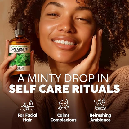 Kukka Spearmint Oil for Facial Hair - 4 Fl Oz - 100% Pure Natural Aromatherapy Spearmint Essential Oil for Skin & Hair Care, Diffuser, Bath Bombs, Soaps and Candles - Soap Making & DIY