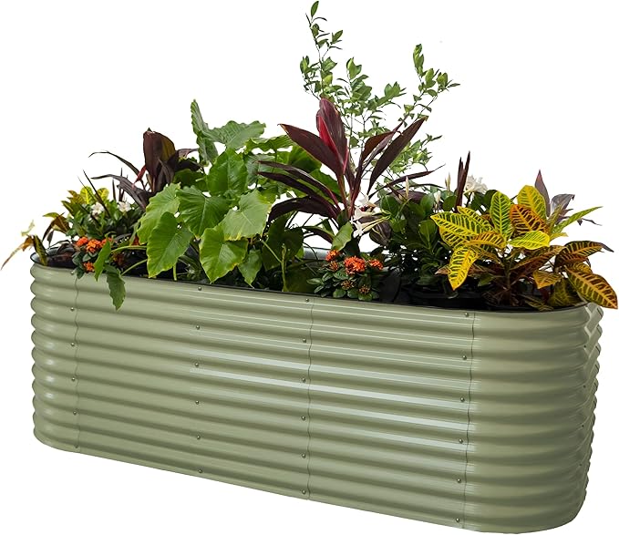 Vego garden 32" Extra Tall Raised Garden Bed Kits, 10 in 1 Modular Raised Planter Box for Vegetables Flowers Fruits Oval Metal Raised Garden Bed- Olive Green