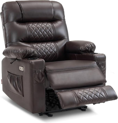 MCombo Zero Gravity Power Recliner Chair with Heat and Vibration Massage, Reclining Chair with USB Ports, Cup Holders for Living Room, Faux Leather PR621 (Brown)