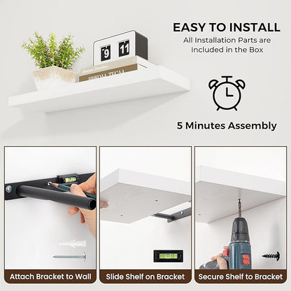 24 inch Floating Shelves Long Floating Shelves for Wall Large Wall Mounted Shelves with Invisible Brackets, White Shelves for Bathroom, Living Room, Kitchen, Office, 24x6.7 inch deep Set of 2