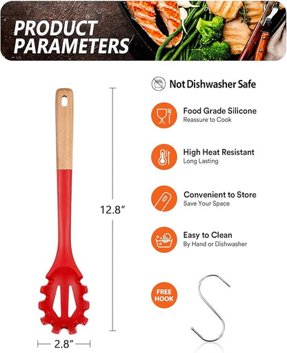 Silicone Pasta Fork, Kitchen Heat Resistant Noodle Spoon Server, BPA Free Spaghetti Strainer,12.8 inch (RED)