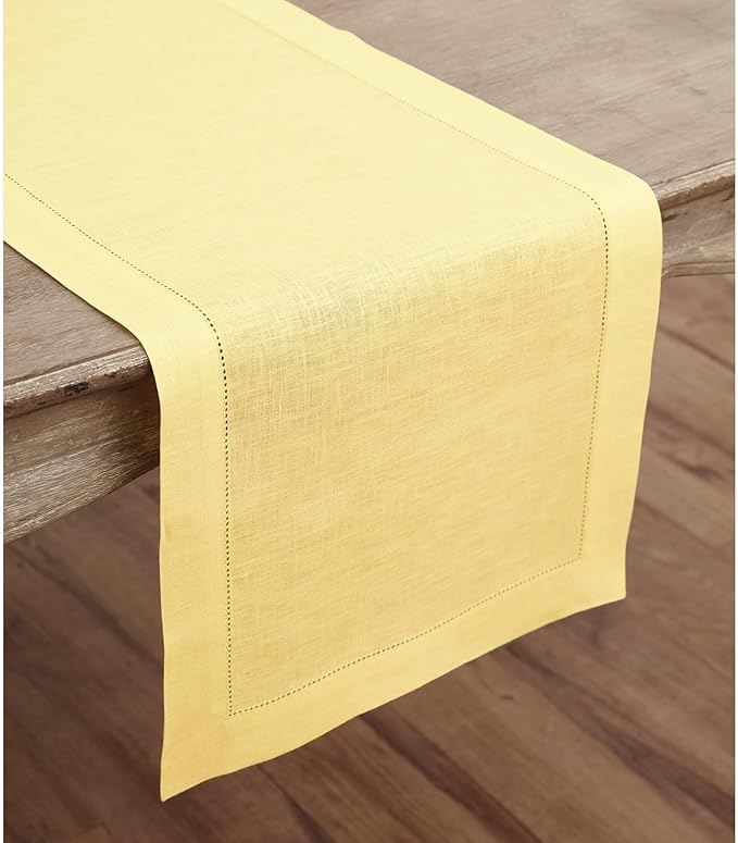 Solino Home Linen Table Runner 90 Inches Long - Classic Hemstitch 100% Pure Linen Yellow Dining Table Runner 14 x 90 Inch