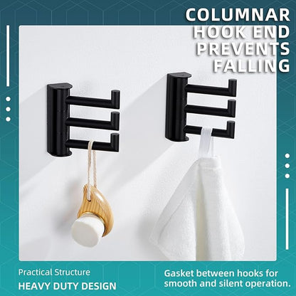 Angle Simple Swivel Towel Hooks for Bathroom, SUS 304 Stainless Steel Foldable 3 Arms Robe Towel Holder, Shower Wall Coat Hooks, Matte Black, 2 Pack