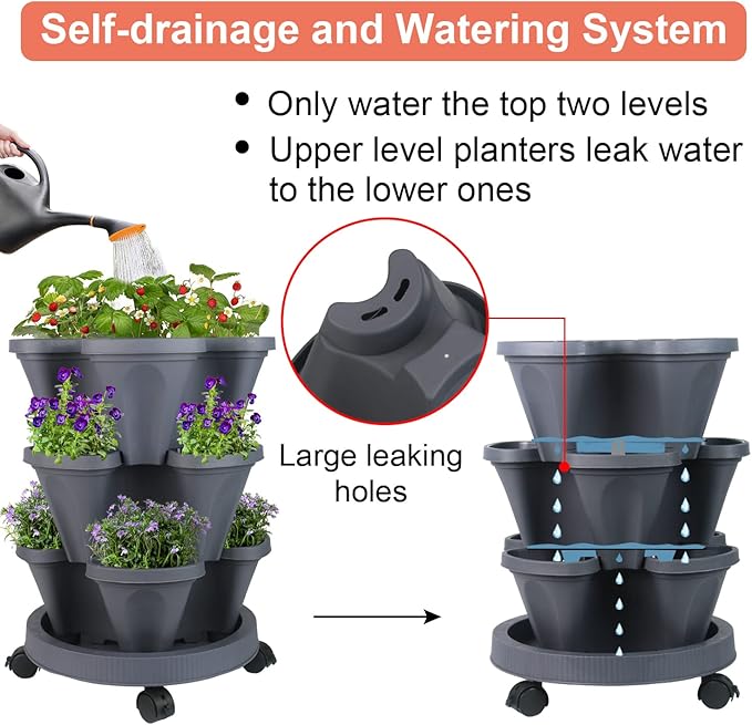Vertical Planter 3 Tier Stackable Planters Garden Planters Strawberry Herb Flower and Vegetable Planter Indoor Outdoor Gardening Pots with Removable Wheels and Tools