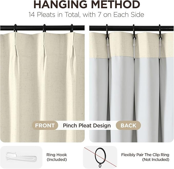 Joydeco 100% Blackout Pleated Curtains, Linen Window Curtains 2 Panel Sets 108 inches Long, Thermal Insulated Darkening Drapes for Bedroom(Linen,40'' Wx108'' L)