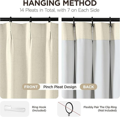 Joydeco 100% Blackout Pleated Curtains, Linen Window Curtains 2 Panel Sets 108 inches Long, Thermal Insulated Darkening Drapes for Bedroom(Linen,40'' Wx108'' L)