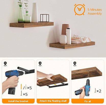 HOOBRO Floating Shelves for Wall, Wall Mounted Shelf Set of 2, 47.2" Hanging Shelf with Invisible Brackets, for Wall Bathroom, Bedroom, Toilet, Kitchen, Living Room, Office, Rustic Brown BF120BJP201