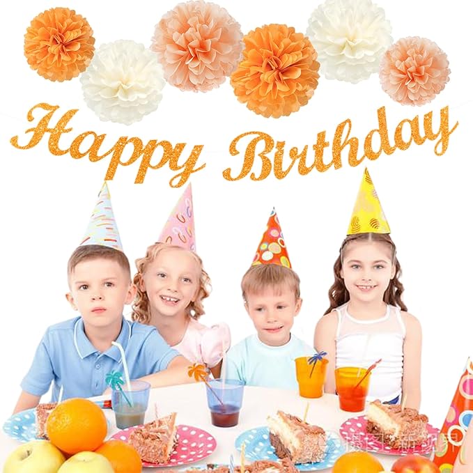 Orange Hippie Birthday Party-Decorations Paper-Flowers - 14pcs Happy Banner Fall Honeycomb Tissue Pom Poms,Boho Streamers Garland Fans,Sweet Peach Groovy Sunset Groovy Hanging Supplies Decor Hugfond