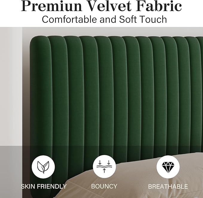 Queen Size Bed Frame, Velvet Upholstered Platform Bed with Vertical Channel Tufted Headboard and Footboard, No Box Spring Required, Easy Assembly, Green