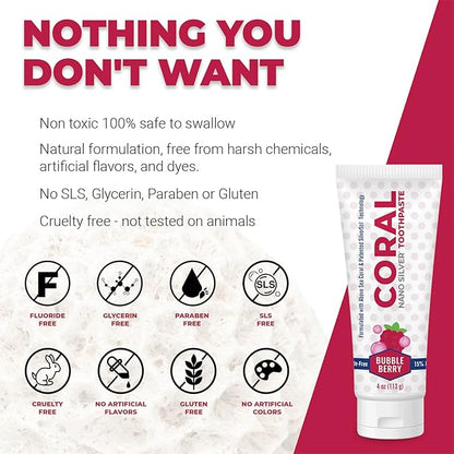 Coral Nano Silver Bubble Berry Kids Toothpaste, Natural Fluoride Free Teeth Whitening Toothpaste, Coral Calcium Nano Silver Infused SLS Free - 4 Ounces (4 Pack)
