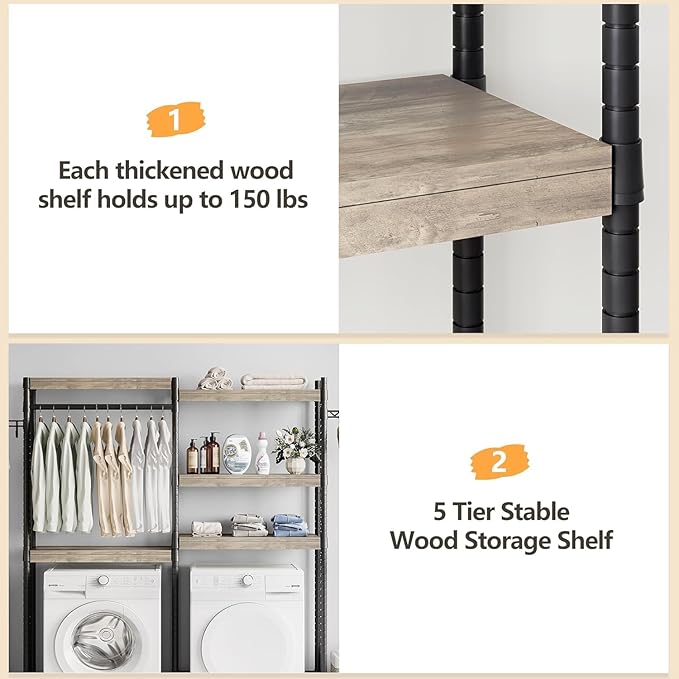 CABIHOME 5-Tier Over-The-Washer Shelf - Adjustable Height Laundry Organizer Space Saver, Double-Layer 100lb Shelves, 2 Hooks for Bathroom/Balcony (Grey & Black)