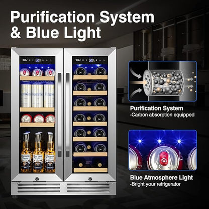 Wine and Beverage Refrigerator Upgraded, 24 Inch Beverage Refrigerator Cooler Dual Zone with Glass Door, Under Counter or Freestanding Beverage Fridge with Large Capacity, Advanced Cooling System