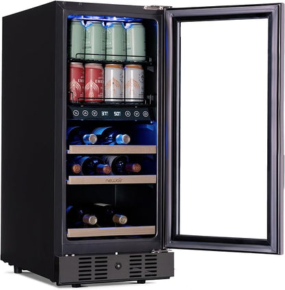 Newair 15" Wine and Beverage Refrigerator 9 Bottle and 48 Can Capacity, Beverage Cooler in Stainless Steel, Built-in or Freestanding Dual Zone Drink Fridge with Triple-Pane Glass Door