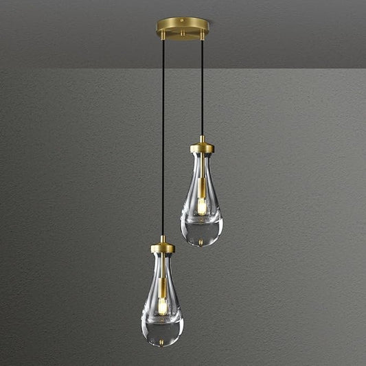 Brass Raindrop Pendant Lights Kitchen Island 2-Light, Cluster Gold Pendant Light Fixture for Bedroom, Dimmable Dining Room Light Fixture Hanging Pendant Lighting Ceiling Chandelier for Foyer