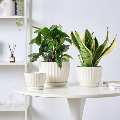 4/5/6 Inches Ceramic Plant Pots with Drainage Holes and Saucers, Round Flower Pots for Indoor Plant, Modern Flower Planters Set of 3 (White-Big Size)