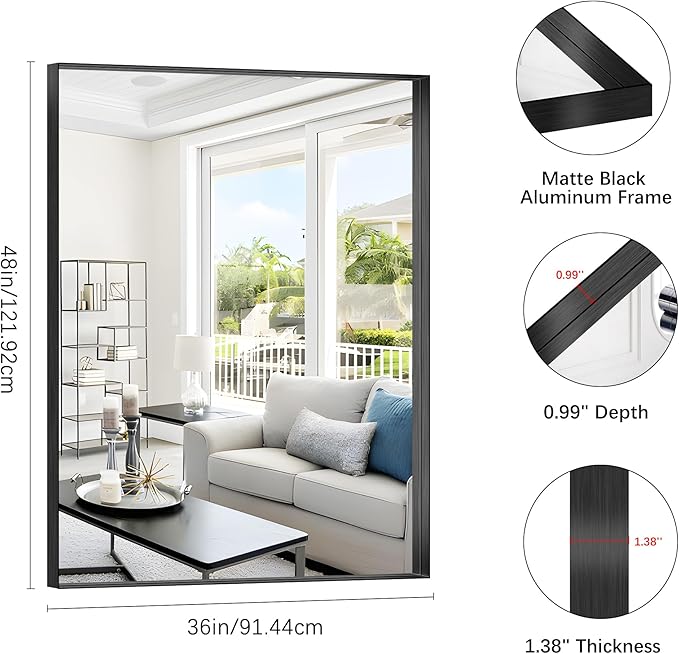 Black Bathroom Mirror, 36x48 Inch Rectangular Deep Frame Mirror, Large Wall Mounted Bathroom Vanity Mirror Over Sink for Bedroom,Restroom, Living Room, Hangs Vertically or Horizontally