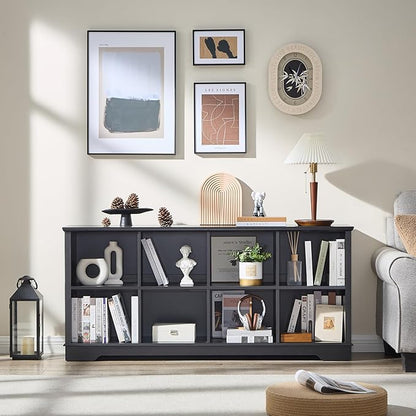 Farmhouse 8 Cube Bookshelf, Black Storage Organizer Bookcase, Kids Toy Storage Cabinet, Long Bookshelves Storage Organizer Shelf, Wood Display Cabinet Book Shelves for Bedroom,Living Room,Office