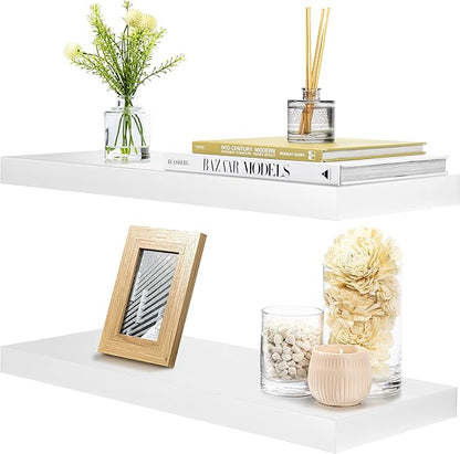 Sorbus Floating Shelves for Wall - 24" Bathroom Shelves, Wall Decor for Bedroom, Kitchen, Living Room, Home Decor & Book Storage - Mounted Floating Shelf with Invisible Brackets (White, 2 Pack)