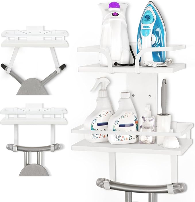 VINAEMO Ironing Board Hanger Wall Mount, 2-Layer Iron and Ironing Board Holder, Laundry Room Shelves Solid Wood with Removable Hooks Home Organization and Storage (White)