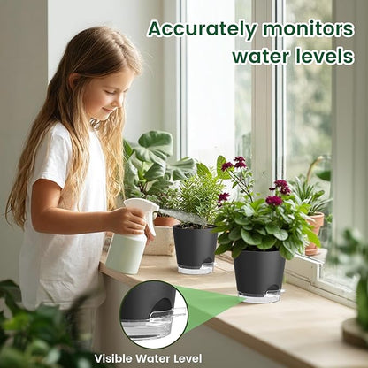 6 inch Self Watering Pots for Indoor Outdoor Plants, 3 Pack Flower Plant Pots with Drainage Holes and Clear Reservoirs, Visible Water Level, Plastic Planters with Wicking Rope, Black