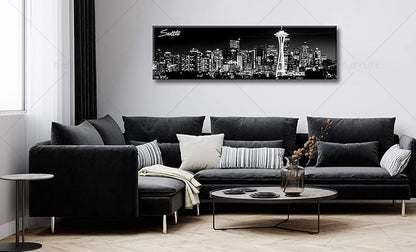 Seattle City Skyline Wall Art Black and White Canvas Prints Panorama Cityscape Picture Night View Painting Poster Modern Artwork Home Decor for Office Living Room - Ready to Hang 13.8" x 47.3"