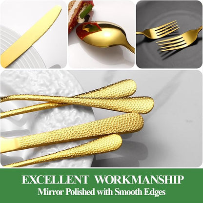 40 Pcs Gold Silverware Set for 8 with Hammered Design, Food Grade Stainless Steel Flatware Set, Eating Utensils Sets Include Fork/Knife/Spoon, Cutlery Set, Dishwasher Safe